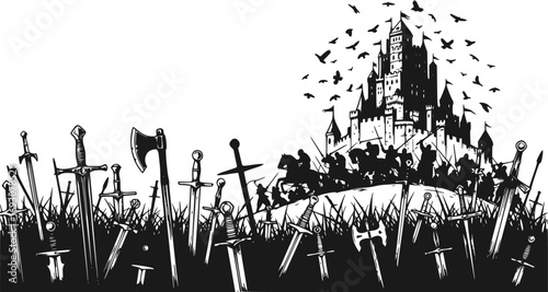 Silhouette of Battle for the Castle. Vector Illustration of Battlefield with Swords in the Ground, Flying Ravens and Dark Medieval War Scene Background
