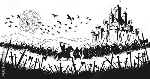 Silhouette of Battle for the Castle. Vector Illustration of Battlefield with Swords in the Ground, Flying Ravens and Dark Medieval War Scene Background