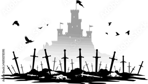 Silhouette of Battle for the Castle. Vector Illustration of Battlefield with Swords in the Ground, Flying Ravens and Dark Medieval War Scene Background