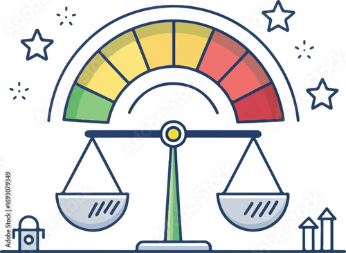 "Balance Scale with Color-Coded Gauge – Risk Assessment Illustration"