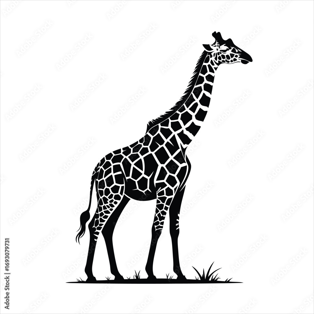 Naklejka premium Elegant Giraffe Silhouette Vector Illustration Featuring Intricate Patterns Standing Tall in Its Natural Habitat Grassland Scene