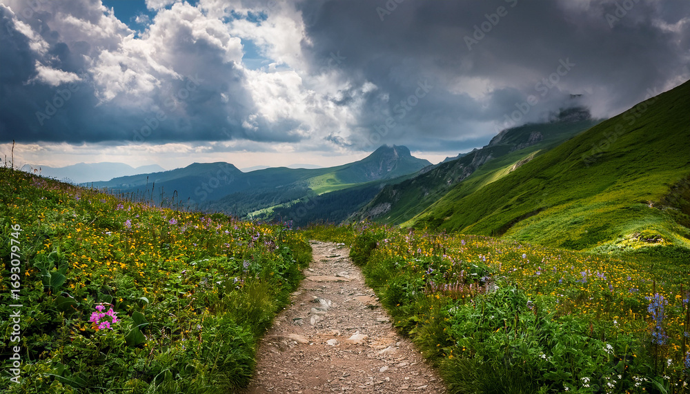 Obraz premium Scenic Mountain Pathway Surrounded By Lush Greenery And Vibrant Wildflowers Under A Dramatic Cloudy Sky