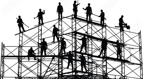 Silhouette construction workers on scaffolding, teamwork in building, industrial labor, safety gear, construction site, collaboration, hardhats, scaffolding structure, job site work, skilled laborers