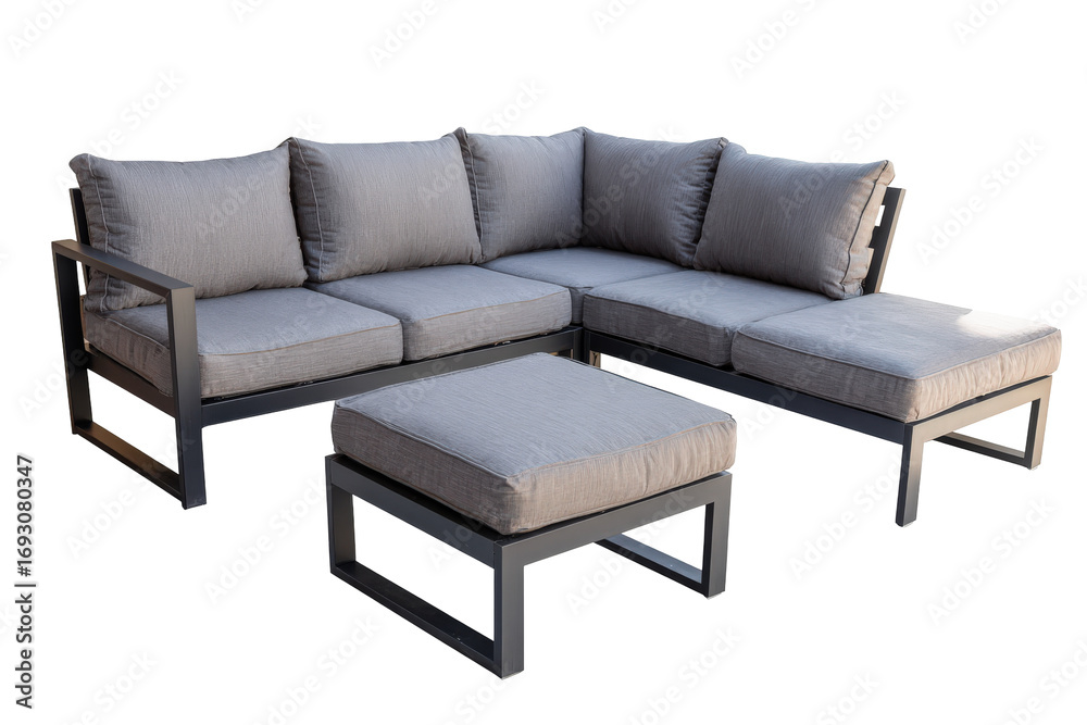 Fototapeta premium Modern grey outdoor patio furniture set with sectional sofa and ottoman.