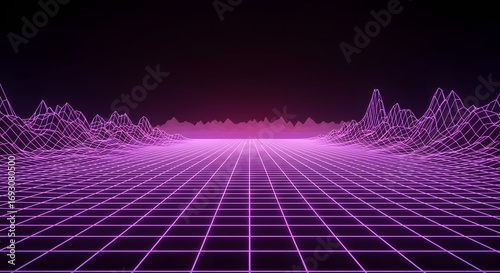 Wallpaper Mural Futuristic neon grid landscape with glowing horizon and abstract digital mountains in dark minimal background Torontodigital.ca