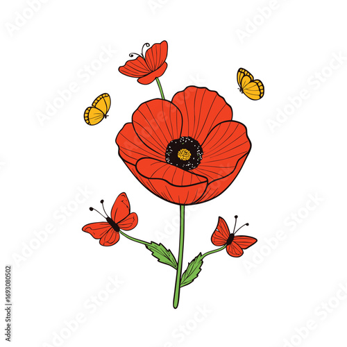 Vibrant poppy flower with butterflies in flight on a clean white background