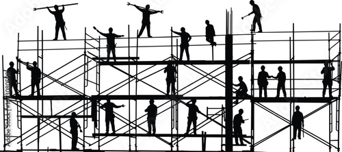Silhouette construction workers on scaffolding, teamwork, safety gear, building site, industrial labor, scaffolding structure, construction project, work safety, cooperation, job site