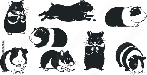 hamster and guinea pig silhouettes, small pet vector artwork, cute rodent illustrations, domestic animal graphic collection
