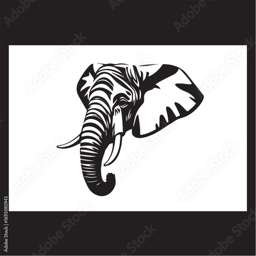 Elephant's Head on White Background. Black and White Illustration of an Elephant's Head.