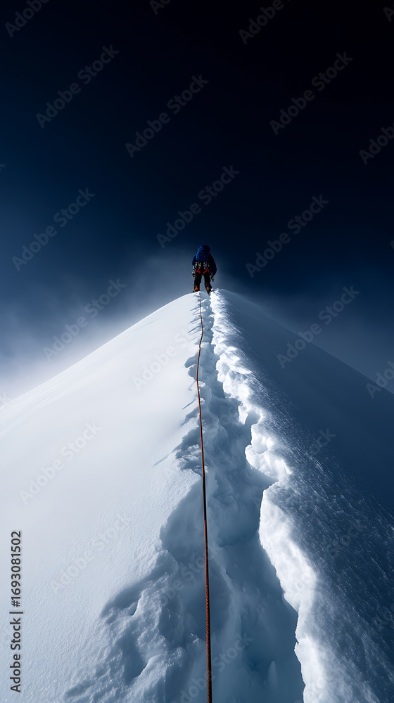 Fototapeta premium High altitude ascent. Climber makes their way across a snow-covered mountain ridge. Roped up for safety, on a clear sunny day, with a blue hued sky above.