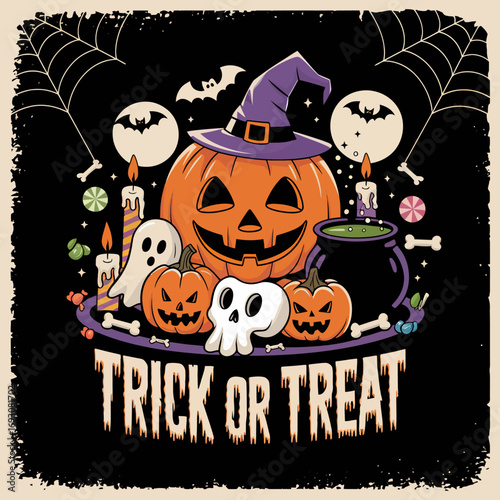 2d vector illustration Halloween t shirt icon design items ghost character Candles in carved pumpkin 