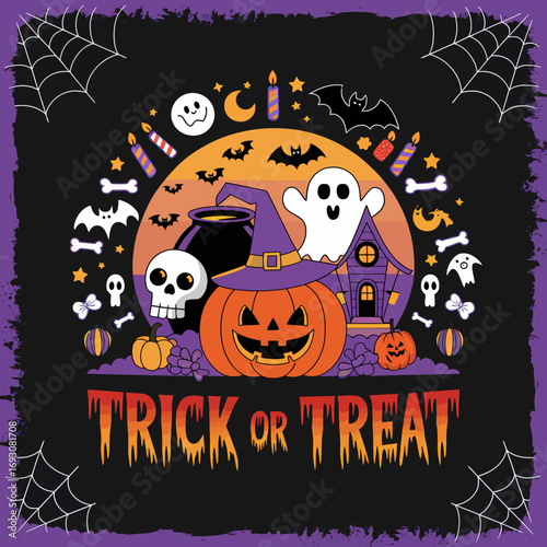 2d vector illustration Halloween t shirt icon design items ghost character Candles in carved pumpkin 