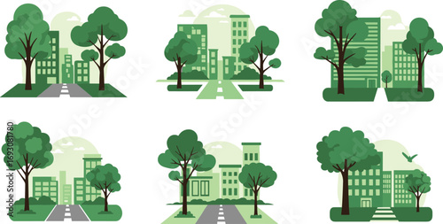 Green city landscape illustration, urban buildings with trees, eco friendly environment design, modern sustainable cityscape background vector