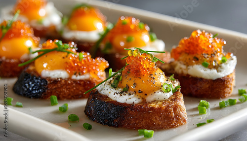 Wallpaper Mural Small pieces of toasted bread topped with fried quail eggs, salmon roe, chives and black pepper, creating a gourmet appetizer Torontodigital.ca