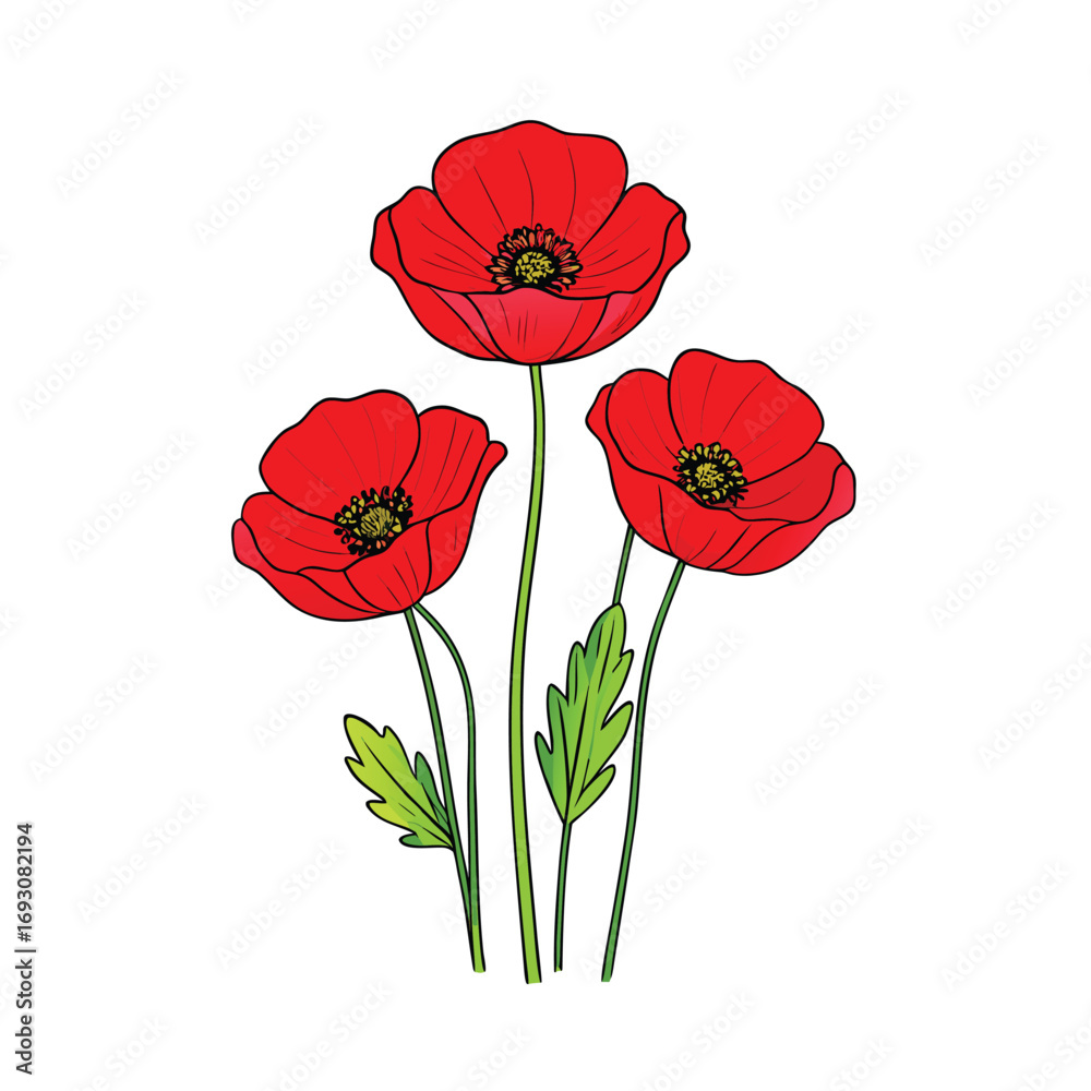 Naklejka premium Vibrant red poppies with long green stems on a clean white background