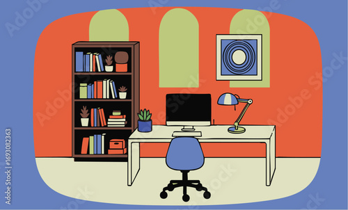 Cozy home office setup with desk, computer, lamp, and bookshelf