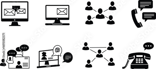 Communication icons set, email messaging, social networking, phone conversation, online chat, digital connection, telecommunication, user profile, collaboration, internet communication symbols