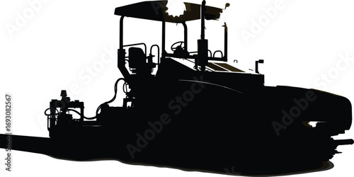 Silhouette of asphalt paver, road construction machine, heavy equipment, industrial vehicle, blacktop laying, highway repair, infrastructure, paving machine