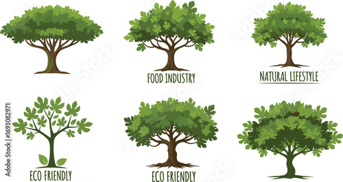Eco friendly tree illustration set, sustainable food industry design, natural lifestyle concept, organic growth artwork, green environment