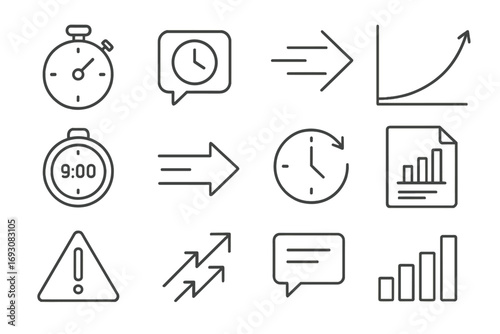 Performance Icon Set. Line style icons of response time and performance: stopwatch icon, timer with chat, fast reply symbol,