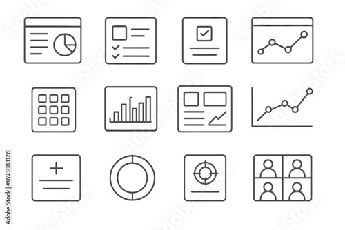 Line Style Dashboards. Line style icons of project dashboards: overview screen, project card, status tile, interactive report;