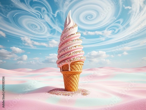 Swirled ice cream cone in pastel dreamscape