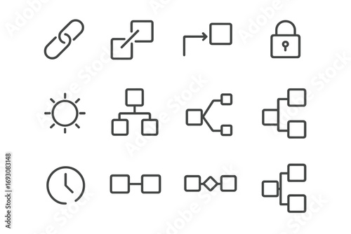 Dependency Line Icons. Line style icons of dependencies and links: chain icon, linked tasks, dependency arrow, task lock; waiting