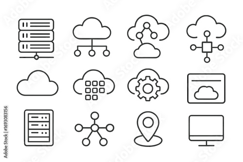 Cloud Infrastructure Icons. Line style icons of cloud infrastructure: stacked servers, cloud network, nodes in cloud, API