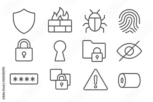 Cybersecurity Icons Collection. Line style icons of cybersecurity basics: shield, firewall, bug, fingerprint; lock, keyhole,