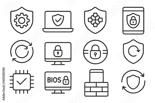 System Protection Icons. Line style icons of system protection: shield with gear, secure OS icon, patch icon, protected device;