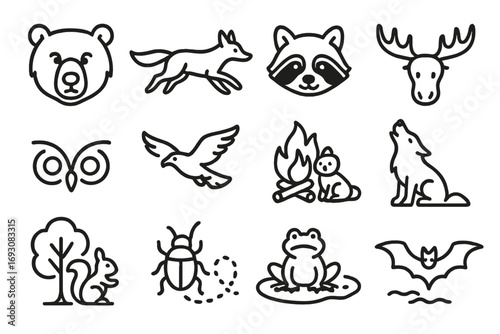 Wildlife Icon Collection. Line style icons of wildlife around camp: bear face, fox running, raccoon icon, moose antlers; owl eyes,