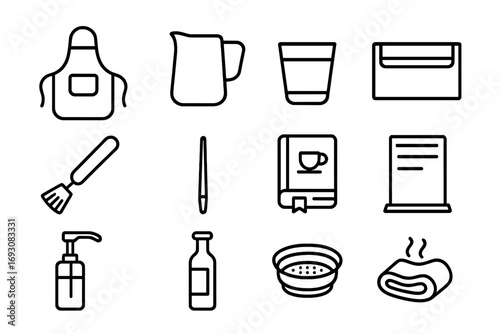 Barista Tools Icons. Line style icons of barista accessories: coffee apron, milk pitcher, shot glass, knock box; cleaning brush,