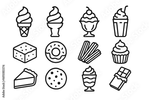 Line Style Dessert Icons. Line style icons of fast food desserts: ice cream cone, soft serve, sundae, milkshake; brownie, donut,