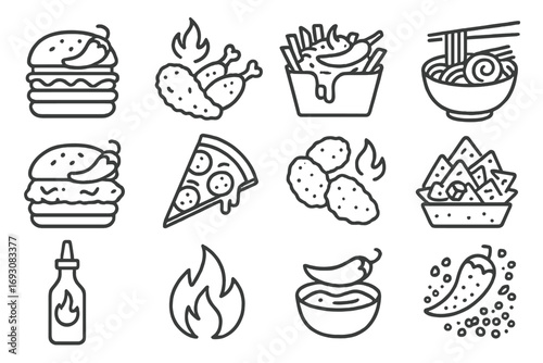 Spicy Fast Food Icons. Line style icons of spicy fast food: jalapeño burger, hot wings, chili cheese fries, spicy ramen; buffalo