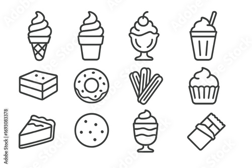 Line Style Dessert Icons. Line style icons of fast food desserts: ice cream cone, soft serve, sundae, milkshake; brownie, donut,