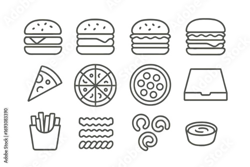 Fast Food Icons. Line style icons of fast food: burger, cheeseburger, veggie burger, double burger; slice of pizza, whole pizza,