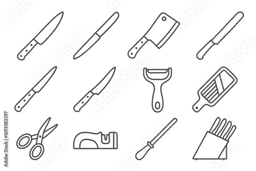 Cutting Tools Icons. Line style icons of cutting tools: chef knife, paring knife, cleaver, bread knife; carving knife, fillet