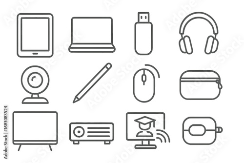 School Technology Icons. Line style icons of technology for school: tablet, laptop, USB flash drive, headphones; webcam, digital