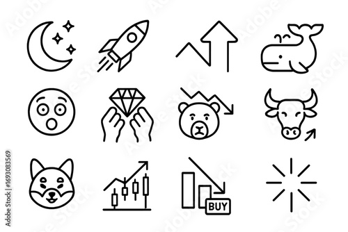 Crypto Icons Line Art. Line style icons of crypto trends: moon icon, rocket chart, pump arrow, whale icon; FOMO face, diamond