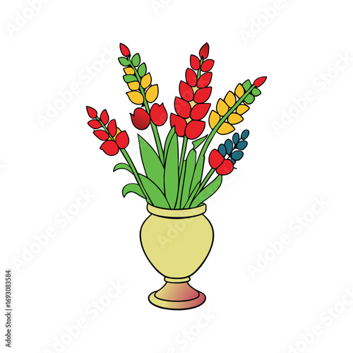 Vibrant snapdragon and tulip flowers arranged in a classic vase on a clean white background