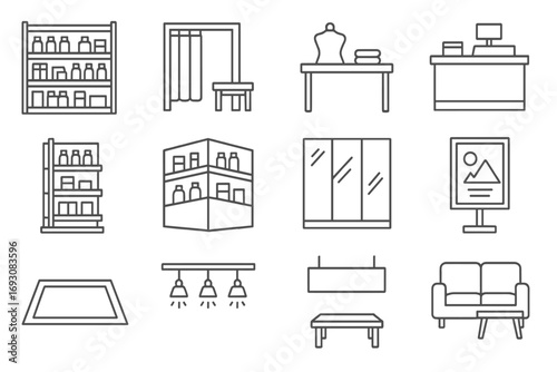 Shop Interior Icons. Line style icons of shop interiors: aisle shelves, fitting room, display table, checkout zone; product rack,