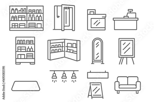 Shop Interior Icons. Line style icons of shop interiors: aisle shelves, fitting room, display table, checkout zone; product rack,