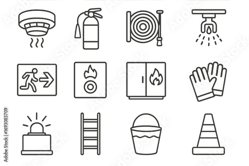 Fire Safety Icons. Line style icons of fire safety: smoke detector, fire extinguisher, fire hose reel, sprinkler system; emergency