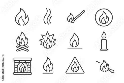 Fire Symbol Icons. Line style icons of fire symbols: flame icon, rising smoke, matchstick flame, fire circle; campfire, explosive