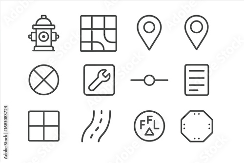 City Hydrant Line Icons. Line style icons of city hydrant map elements: hydrant icon, street grid, location pin, hydrant ID label;