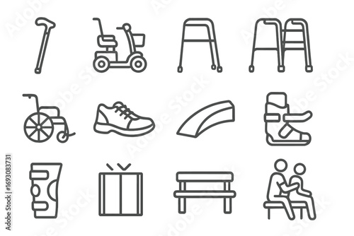 Senior Mobility Icons. Line style icons of senior mobility: walking cane, mobility scooter, walking frame, rollator walker;