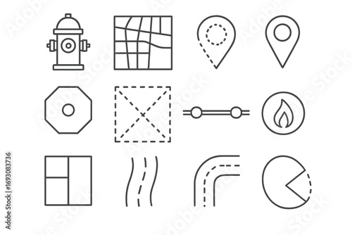 City Hydrant Line Icons. Line style icons of city hydrant map elements: hydrant icon, street grid, location pin, hydrant ID label;