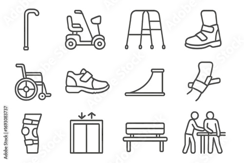 Senior Mobility Icons. Line style icons of senior mobility: walking cane, mobility scooter, walking frame, rollator walker;