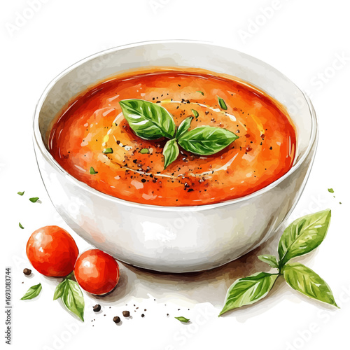 Tomato Soup, watercolor illustration vector, isolated on a white background.