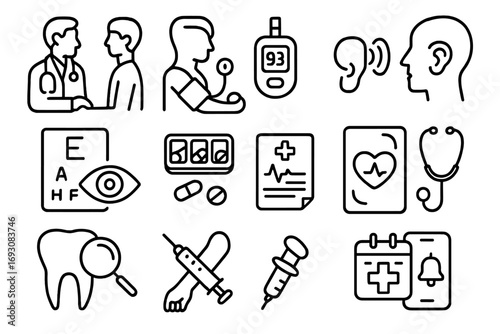 Health Monitoring Icons. Line style icons of health monitoring: doctor visit, blood pressure check, glucose meter, hearing test;